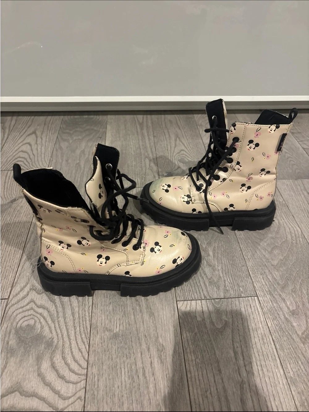 Zara Beige Kids Mickey Print Combat Boots with Black Soles